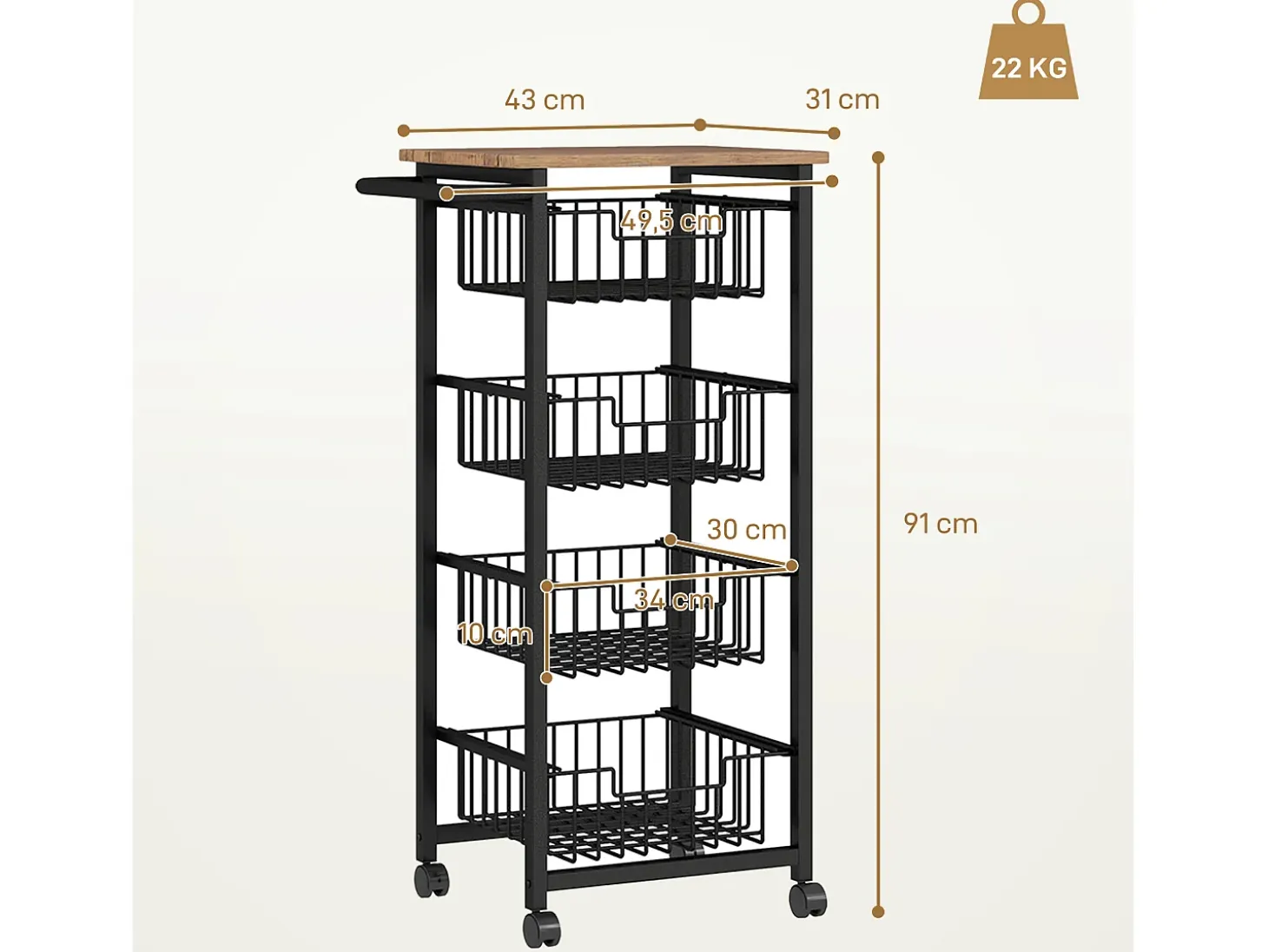 Carrito de cocina con encimera, 4 cestas metálicas, carro de oficina móvil, madera de arce, (49,5x31x91 cm)