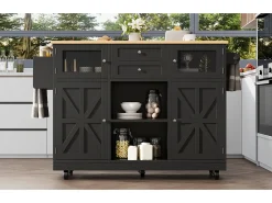 Carrito de cocina con encimera, mueble de comedor, toallero lateral, 140x40x93,5 cm, color negro