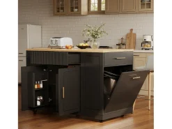 Carrito de cocina con ruedas, Carrito de cocina negro con 2 puertas y 3 cajones, amplios compartimentos