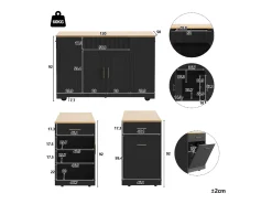 Carrito de cocina con ruedas, Carrito de cocina negro con 2 puertas y 3 cajones, amplios compartimentos