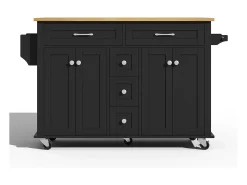 Carrito de cocina con ruedas con 5 cajones y 4 puertas, tapa extensible en acabado madera, color negro