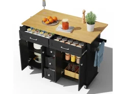 Carrito de cocina con ruedas con 5 cajones y 4 puertas, tapa extensible en acabado madera, color negro