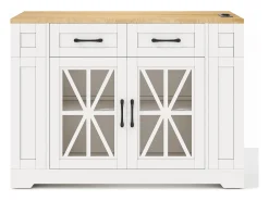 Carrito de cocina con ruedas con 2 cajones, 2 puertas de cristal y toma de corriente y puerto USB, tapa extensible imitación madera, cuerpo blanco