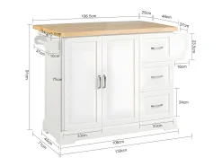 Carrito de Cocina, Estantería de Cocina, Aparador con Ruedas, H91cm x L130cm x P71,Blanco Madera de Caucho FKW41-WN SoBuy ES
