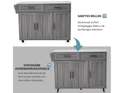Carrito de cocina, madera maciza y encimera de mármol, diseño europeo, puerta, 3 cajones, ruedas, patas de madera extraíbles (129x46(71)x91,5 cm)