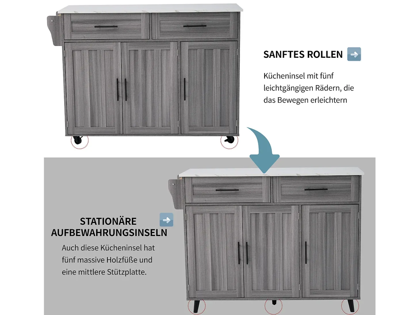 Carrito de cocina, madera maciza y encimera de mármol, diseño europeo, puerta, 3 cajones, ruedas, patas de madera extraíbles (129x46(71)x91,5 cm)