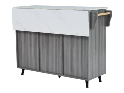Carrito de cocina, madera maciza y encimera de mármol, diseño europeo, puerta, 3 cajones, ruedas, patas de madera extraíbles (129x46(71)x91,5 cm)
