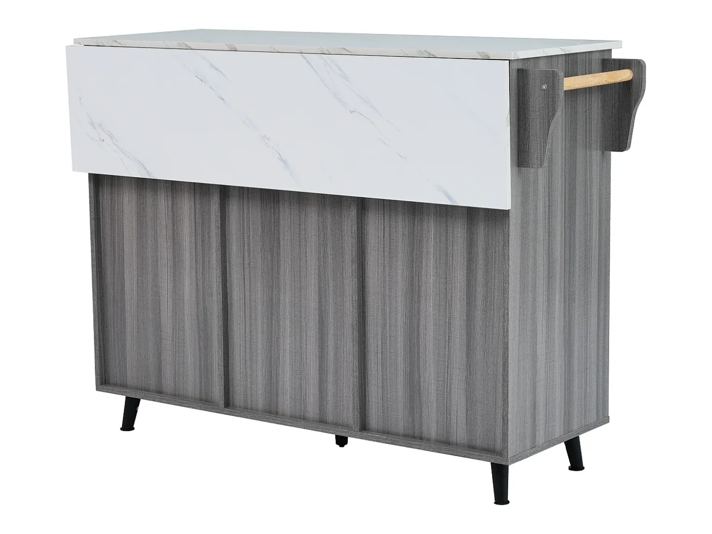 Carrito de cocina, madera maciza y encimera de mármol, diseño europeo, puerta, 3 cajones, ruedas, patas de madera extraíbles (129x46(71)x91,5 cm)