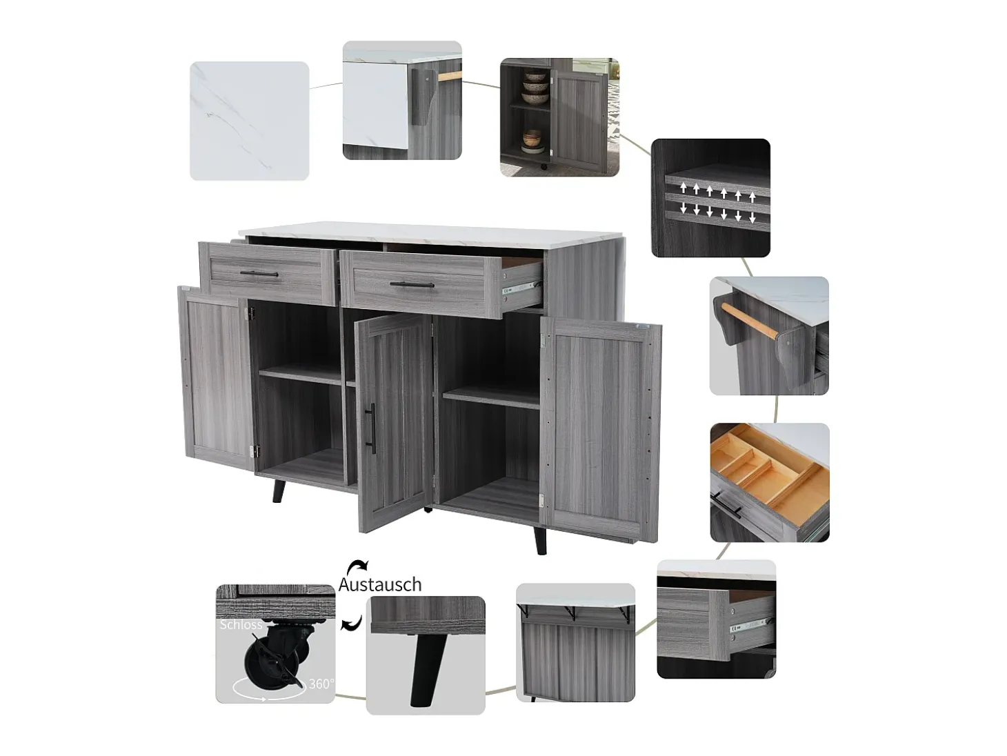 Carrito de cocina, madera maciza y encimera de mármol, diseño europeo, puerta, 3 cajones, ruedas, patas de madera extraíbles (129x46(71)x91,5 cm)