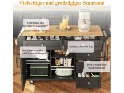 Carrito de cocina móvil con cajones, diseño dual fijo y móvil, MDF, negro (134x46x92cm)