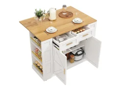 Carrito de cocina móvil con 2 puertas y 2 cajones, isla con veta de madera, blanco - para cocinas y salones