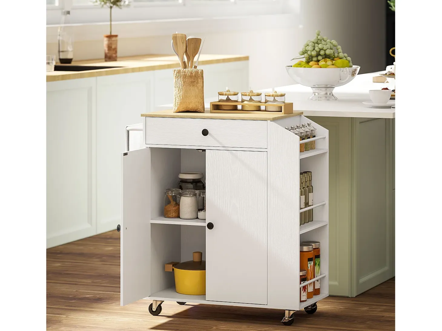 Carrito de cocina móvil con encimera, cajón y estante regulable, blanco (82x38x86,5 cm)