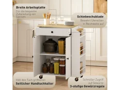 Carrito de cocina móvil con encimera, cajón y estante regulable, blanco (82x38x86,5 cm)