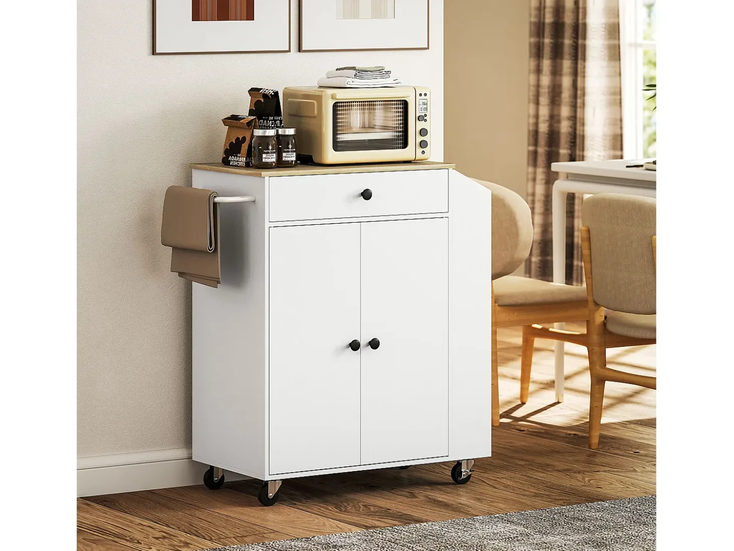 Carrito de cocina móvil con encimera, cajón y estante regulable, blanco (82x38x86,5 cm)