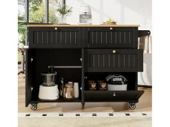 Carrito de cocina móvil con tablero extensible chapado en imitación madera, 3 cajones y 3 puertas incluidas, negro - 133x70x88cm