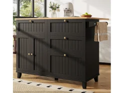 Carrito de cocina móvil con tablero extensible chapado en imitación madera, 3 cajones y 3 puertas incluidas, negro - 133x70x88cm