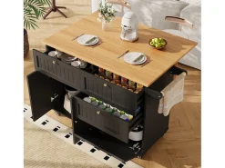 Carrito de cocina móvil con tablero extensible chapado en imitación madera, 3 cajones y 3 puertas incluidas, negro - 133x70x88cm