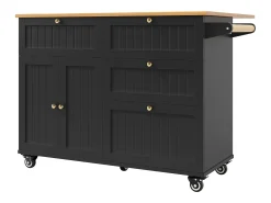 Carrito de cocina móvil con tablero extensible chapado en imitación madera, 3 cajones y 3 puertas incluidas, negro - 133x70x88cm