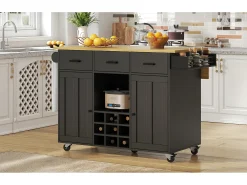 Carrito de cocina móvil con encimera, toallero y especiero, divisores ajustables, estructura de metal, negro (104 x 39,5 x 91,5 cm)