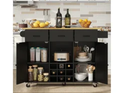 Carrito de cocina móvil con encimera, toallero y especiero, divisores ajustables, estructura de metal, negro (104 x 39,5 x 91,5 cm)