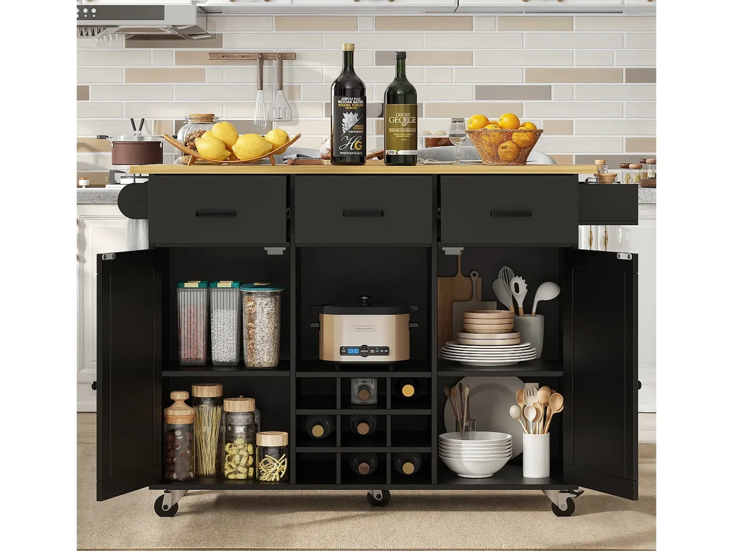 Carrito de cocina móvil con encimera, toallero y especiero, divisores ajustables, estructura de metal, negro (104 x 39,5 x 91,5 cm)
