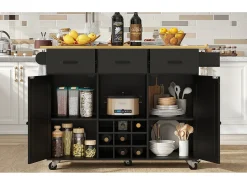 Carrito de cocina móvil con encimera, toallero y especiero, divisores ajustables, estructura de metal, negro (104 x 39,5 x 91,5 cm)