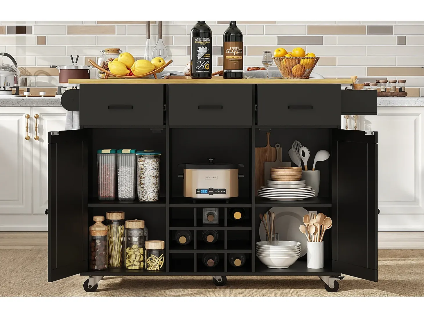 Carrito de cocina móvil con encimera, toallero y especiero, divisores ajustables, estructura de metal, negro (104 x 39,5 x 91,5 cm)