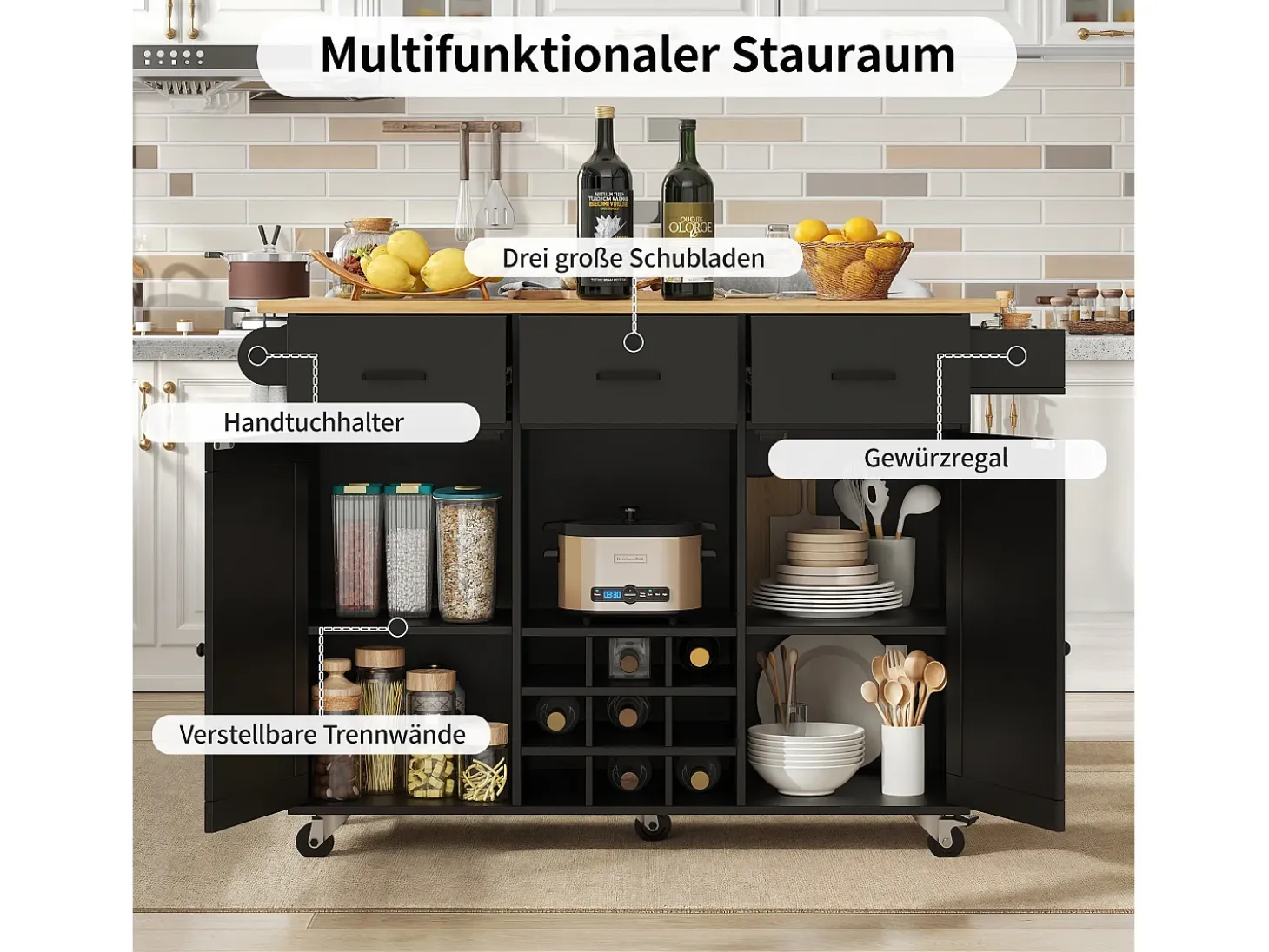 Carrito de cocina móvil con encimera, toallero y especiero, divisores ajustables, estructura de metal, negro (104 x 39,5 x 91,5 cm)