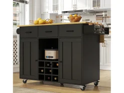 Carrito de cocina móvil con encimera, toallero y especiero, divisores ajustables, estructura de metal, negro (104 x 39,5 x 91,5 cm)