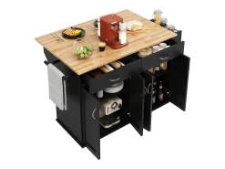 Carrito de cocina móvil negro - Isla de cocina con 2 cajones y 4 puertas - Especiero y toallero