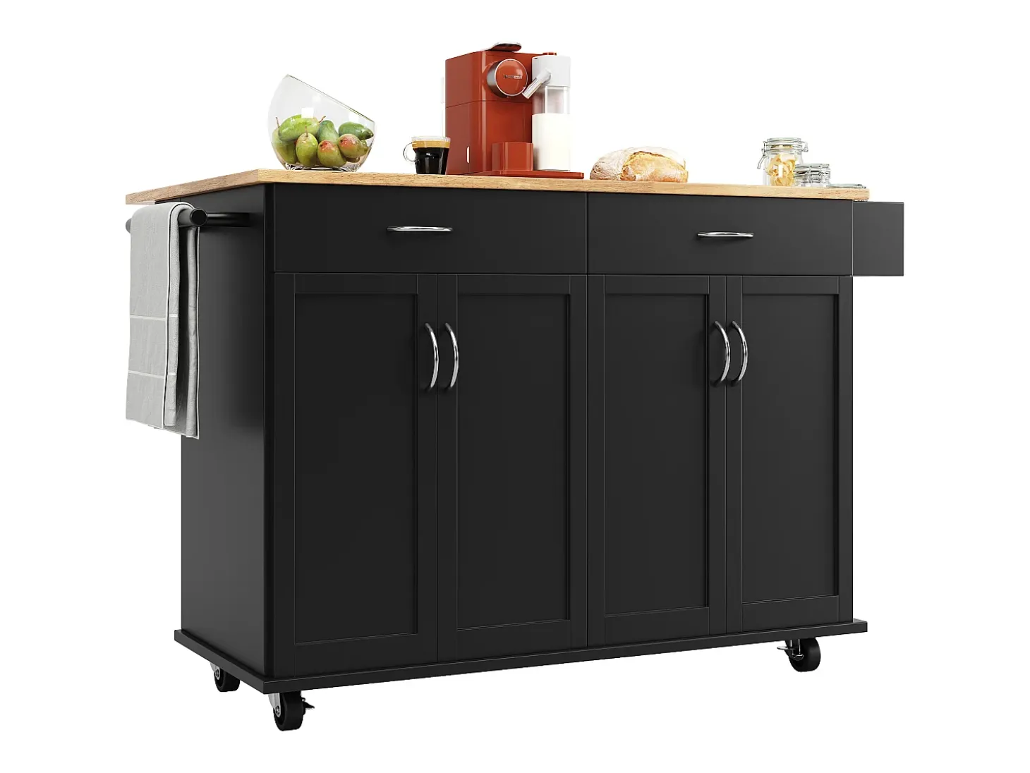 Carrito de cocina móvil negro - Isla de cocina con 2 cajones y 4 puertas - Especiero y toallero