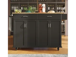 Carrito de cocina móvil negro - Isla de cocina con 2 cajones y 4 puertas - Especiero y toallero