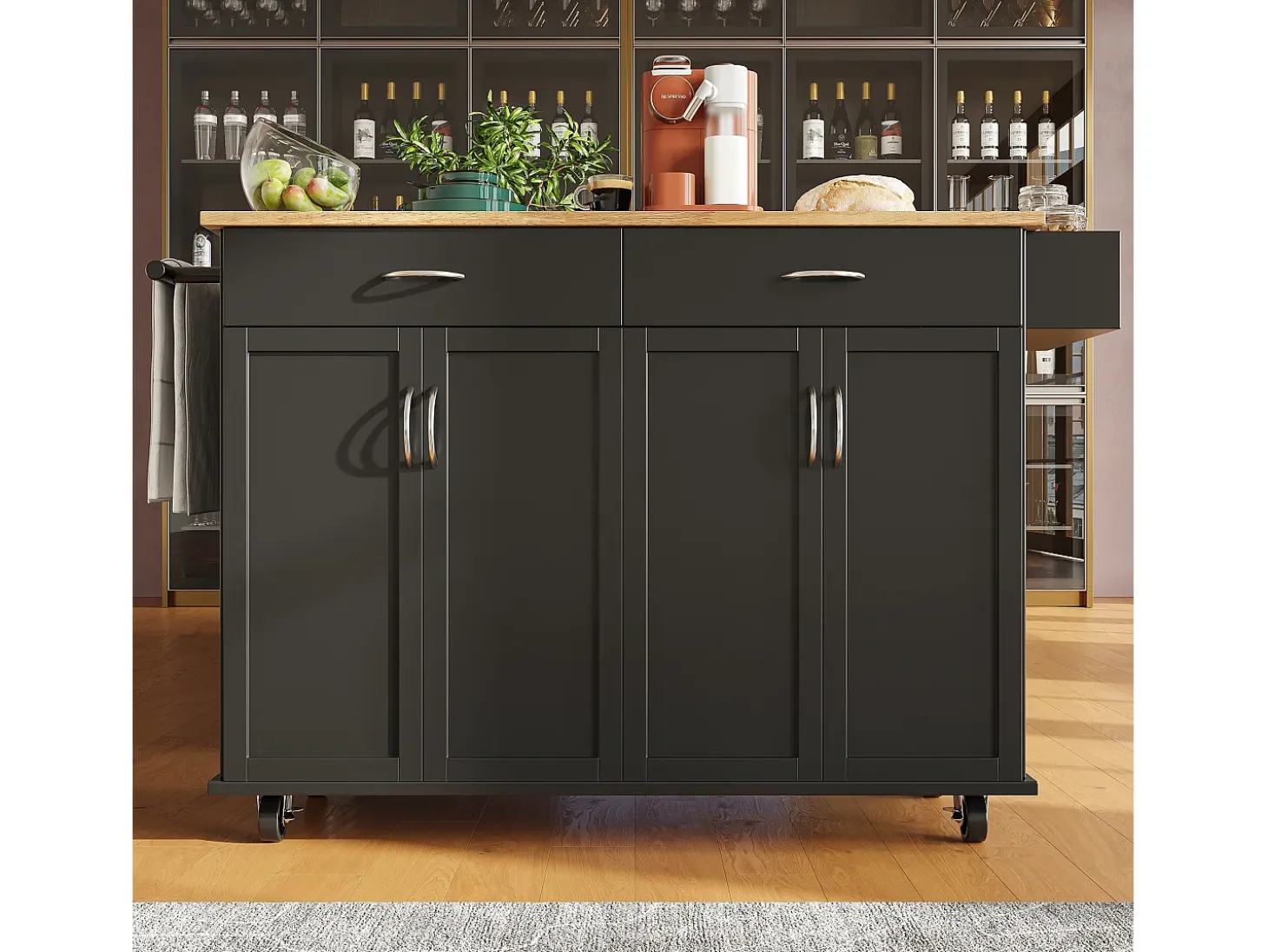 Carrito de cocina móvil negro - Isla de cocina con 2 cajones y 4 puertas - Especiero y toallero