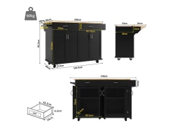 Carrito de cocina móvil negro - Isla de cocina con 2 cajones y 4 puertas - Especiero y toallero