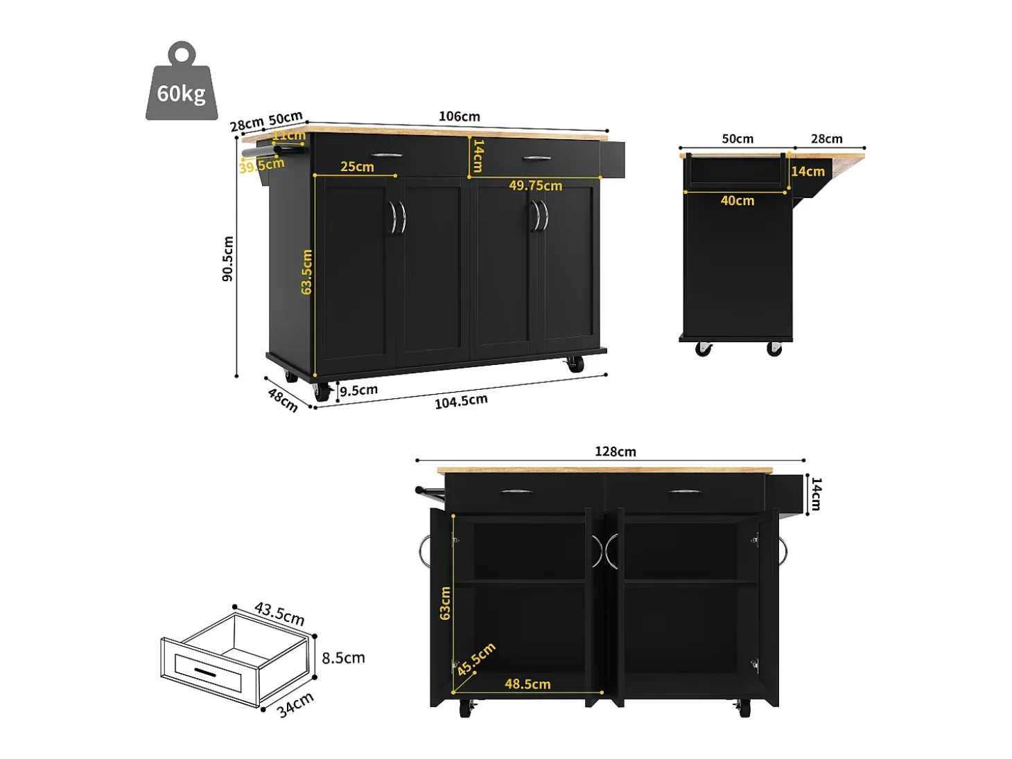 Carrito de cocina móvil negro - Isla de cocina con 2 cajones y 4 puertas - Especiero y toallero