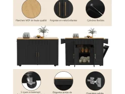 Carrito de cocina negro con 2 puertas, 3 cajones y compartimento para basura, tiradores de metal, superficie con veta de madera.