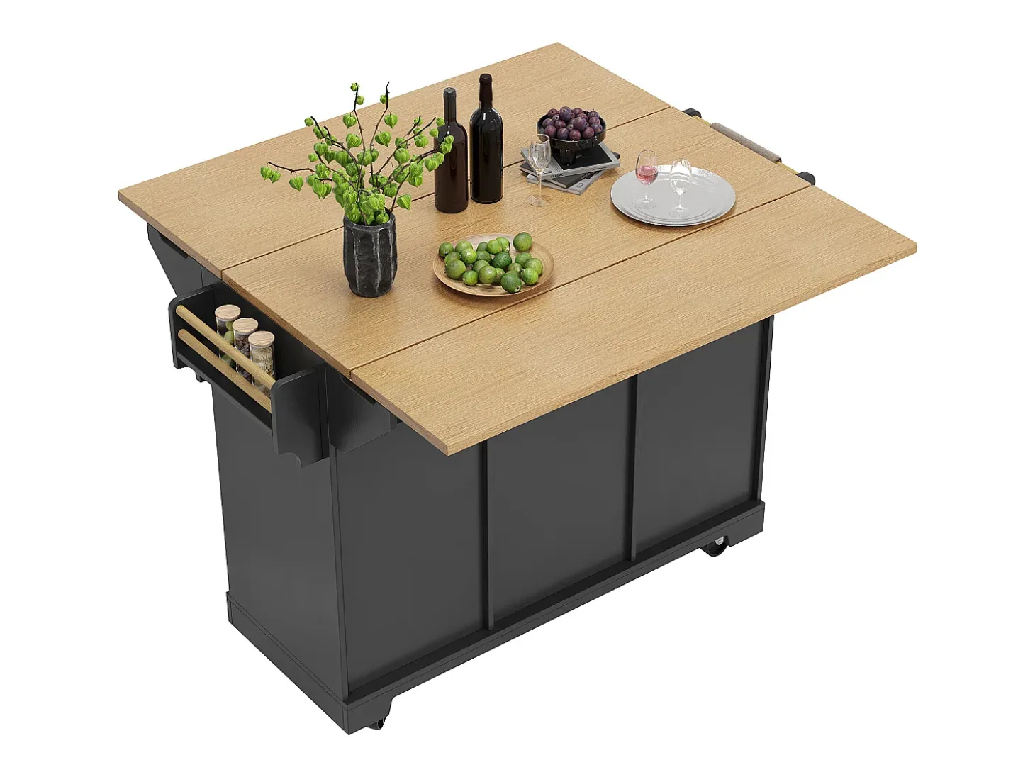 Carrito de cocina negro con tapa abatible - Isla central con 2 puertas y 3 cajones - Toallero y especiero