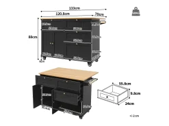 Carrito de cocina negro con encimera plegable de imitación madera y espacio de almacenamiento - para salas de estar y cocinas
