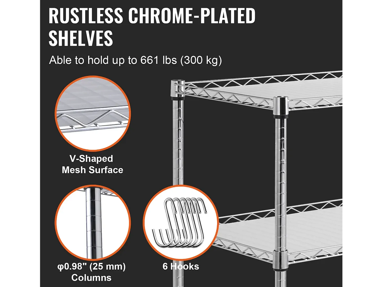 Carrito de Cocina SucceBuy de 3 Niveles con Ruedas, 89 × 46 × 90 cm, 300 kg, 6 Ganchos