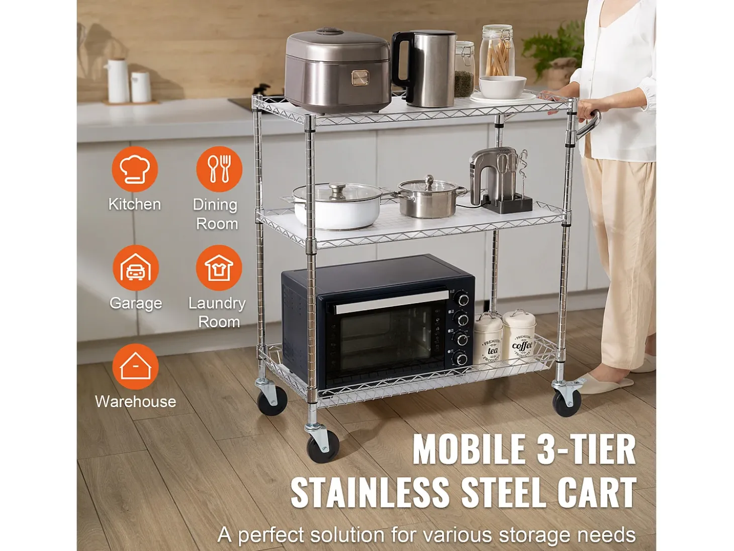 Carrito de Cocina SucceBuy de 3 Niveles con Ruedas, 89 × 46 × 90 cm, 300 kg, 6 Ganchos