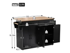 Carrito de servicio con tablero plegable, 120x46(70)x91 cm, color negro, con ruedas.