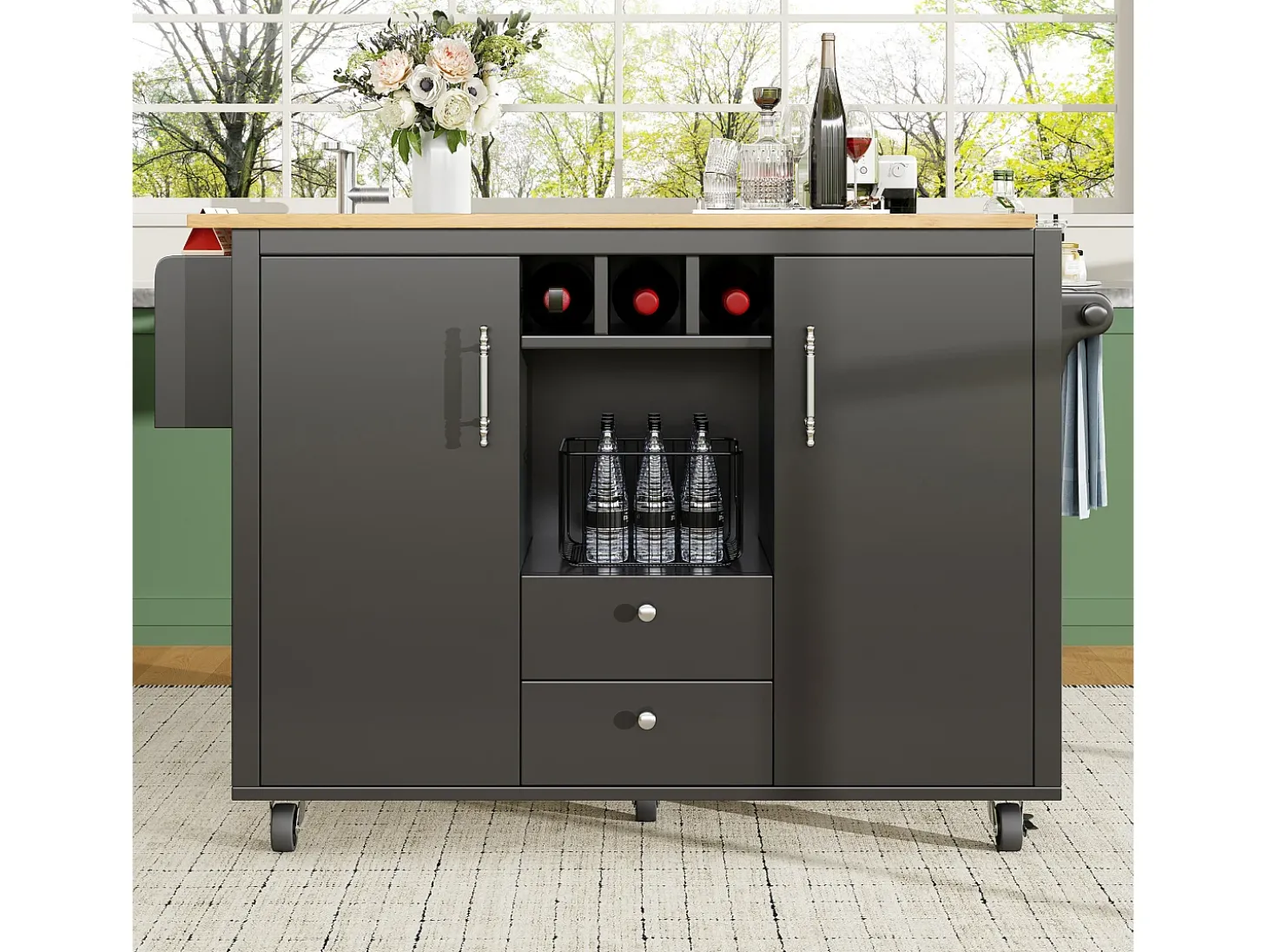 Carrito de servicio negro - Carrito de servicio con 2 cajones y 2 puertas - Especiero y botellero - para comedor