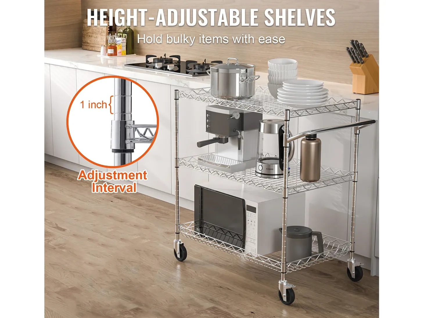 Carrito utilitario SucceBuy 76,2 x 45,7 x 82,3 cm 300 kg 3 niveles 6 ganchos con ruedas