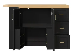 Carro de bar extensible con 2 puertas y 3 cajones, con ruedas, mostrador exterior de madera, negro