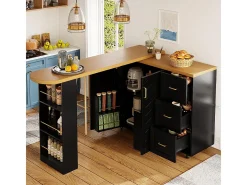 Carro de bar extensible con 2 puertas y 3 cajones, con ruedas, mostrador exterior de madera, negro