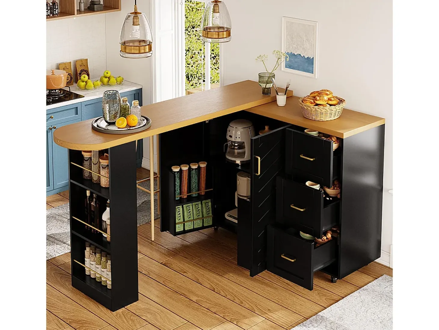Carro de bar extensible con 2 puertas y 3 cajones, con ruedas, mostrador exterior de madera, negro