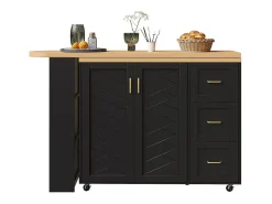 Carro de bar extensible con 2 puertas y 3 cajones, con ruedas, mostrador exterior de madera, negro
