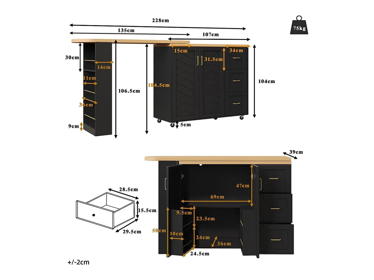 Carro de bar extensible con 2 puertas y 3 cajones, con ruedas, mostrador exterior de madera, negro
