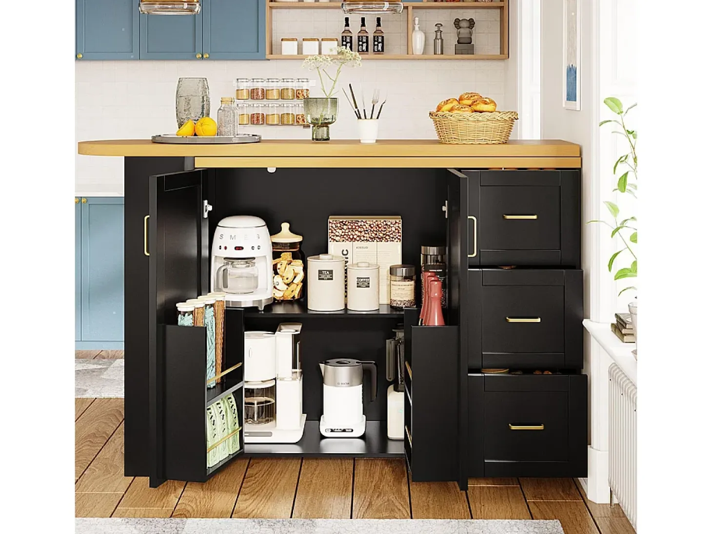 Carro de bar extensible con 2 puertas y 3 cajones, con ruedas, mostrador exterior de madera, negro