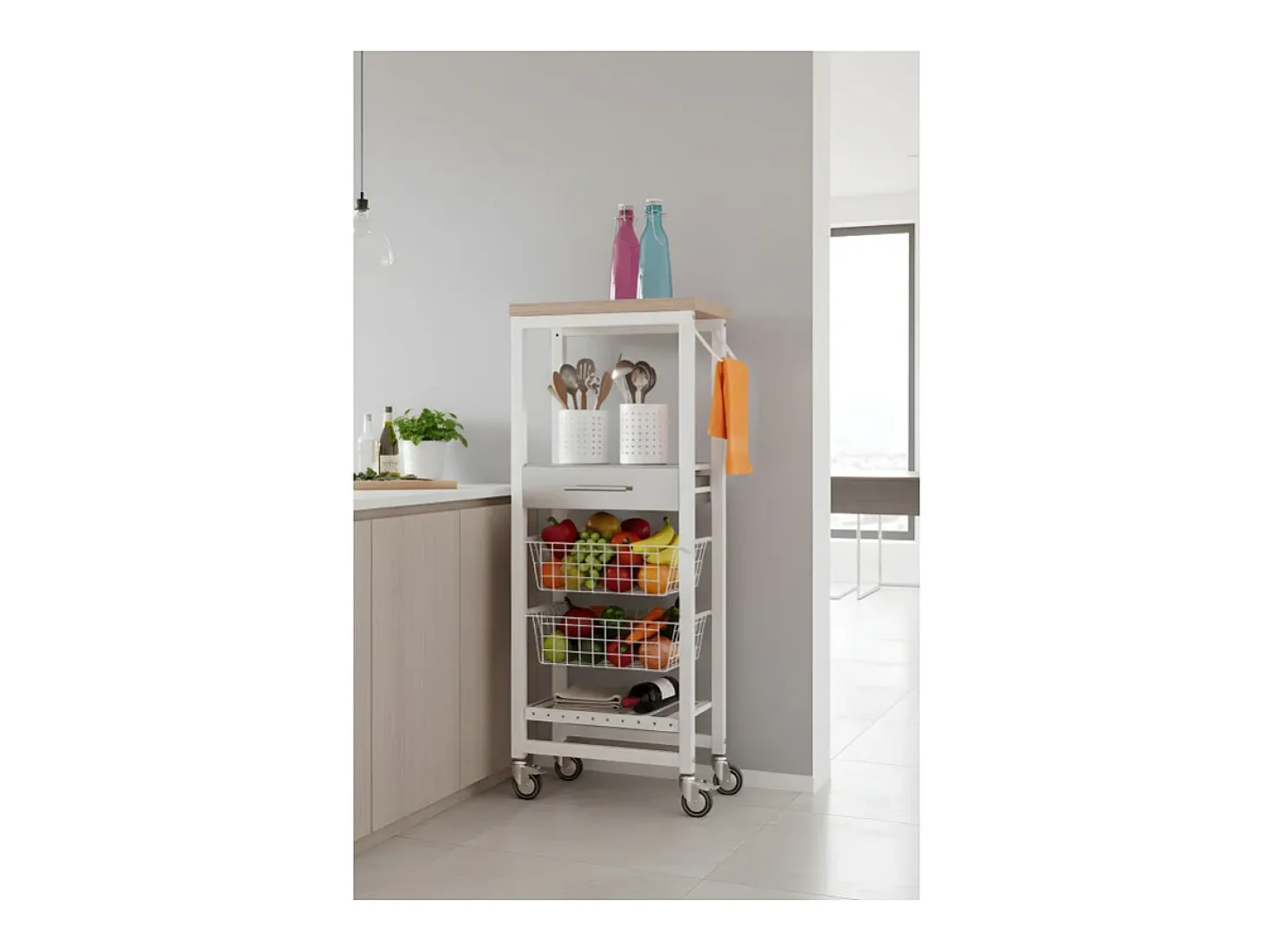Carro de cocina alto, Carro Verdulero - color Blanco, Inox, Olmo - 123*48,5*34 cm - ONDA ALTO